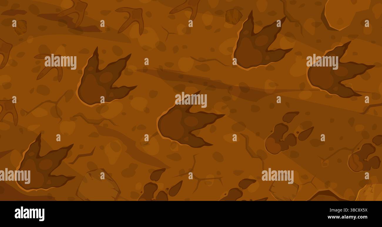 Impronte di dinosauro di rettili lucertola preistorici, impronte di piedi sul terreno, sfondo vettoriale dei cartoni animati. Impronte di dinosauro giurassico o impronte di zampe di rettili o pterodattili per bambini Illustrazione Vettoriale
