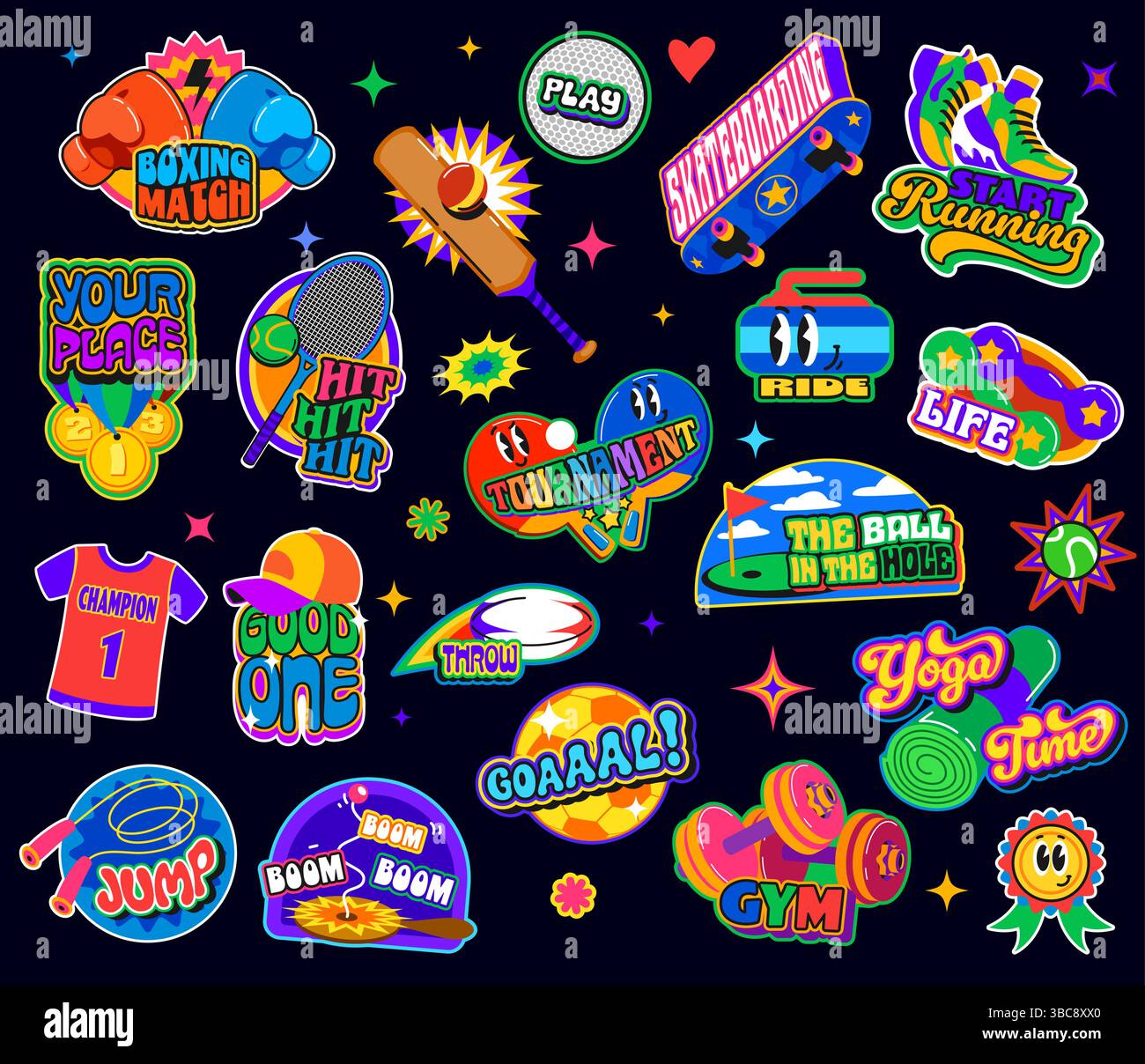 Patch per il fitness con adesivi y2k Groovy, originali etichette retrò con palloni vettoriali da calcio, tennis e calcio, skateboard, manubri, pattinaggio a rotelle. Adesivi ed etichette originali per giochi sportivi y2k Illustrazione Vettoriale