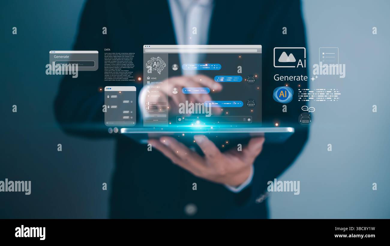 Un uomo d'affari che possiede un tablet con interfacce di intelligenza artificiale fluttuanti, simboleggia i dati della tecnologia futuristica, le comunicazioni digitali online e intel artificiale Foto Stock