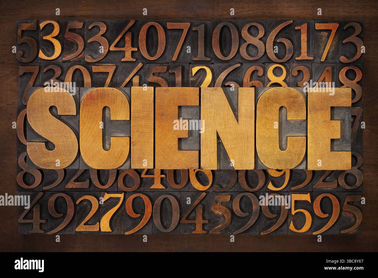 Parola scientifica in legno di tipografia vintage su sfondo numerico Foto Stock