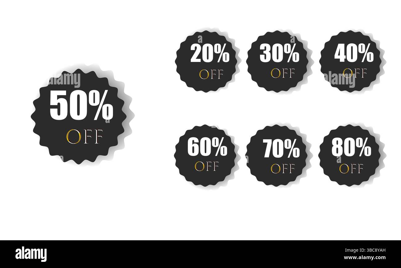 Banner etichetta sconto con diverse percentuali di vendita. 20, 30, 40, 50, 60, 70, 80% di sconto sul prezzo del badge promozione logo set di emblemi vettoriali Illustrazione Vettoriale