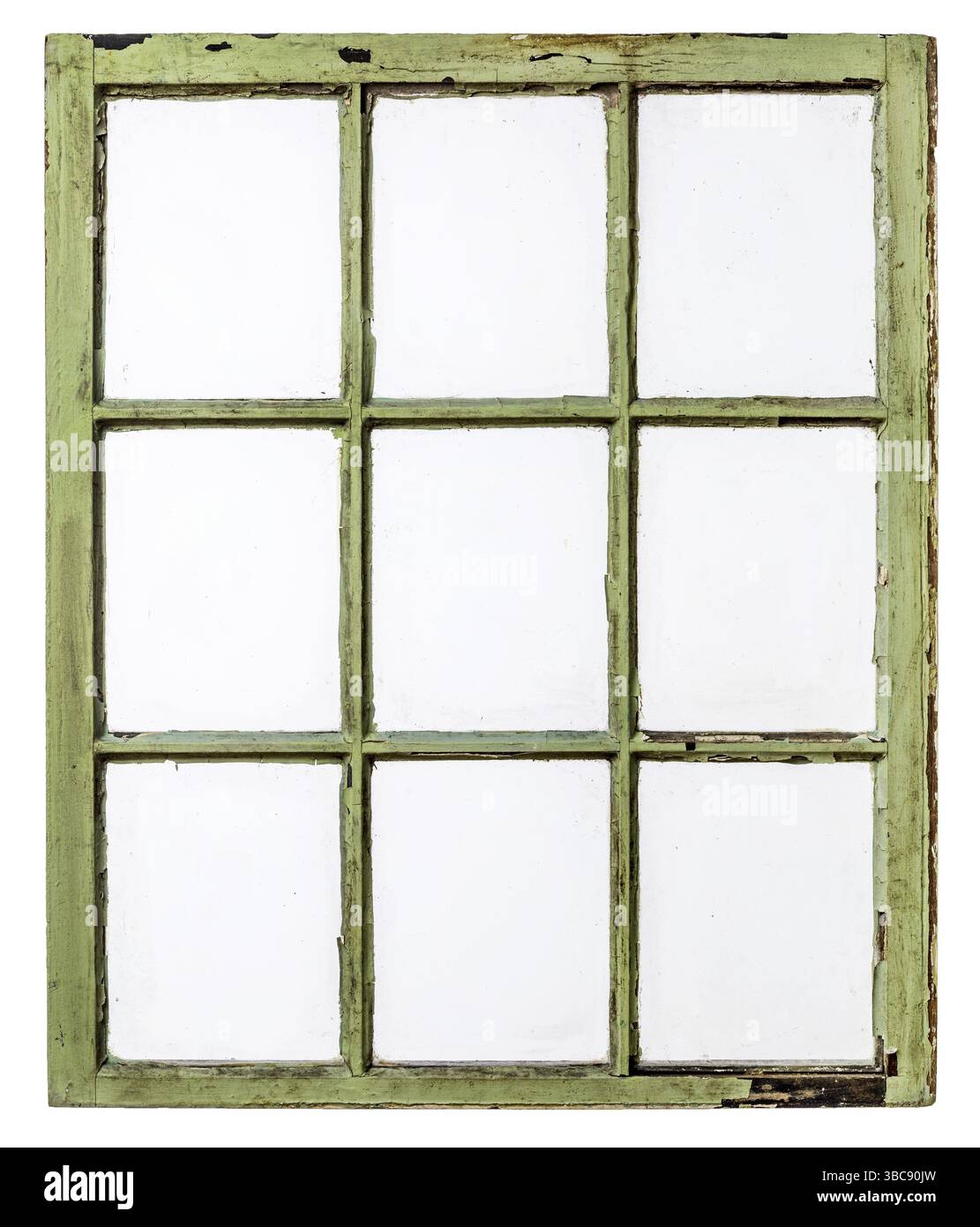 Pannello d'epoca, grunge, vetrata con vetro sporco (9 pannelli), isolato sul bianco con un percorso di ritaglio Foto Stock