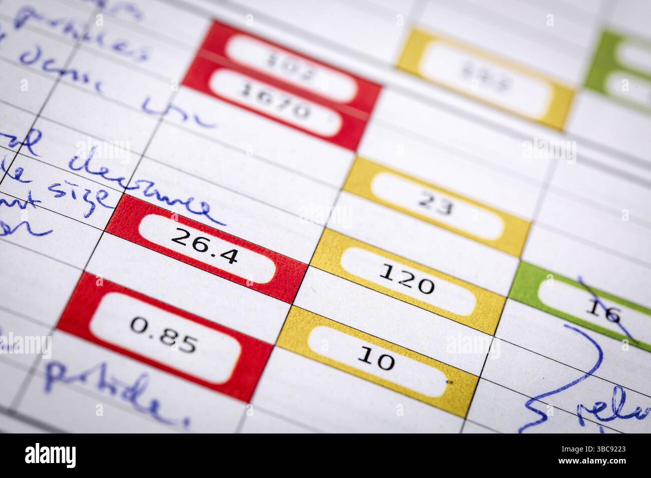 Colesterolo ad alto rischio - un dettaglio dei risultati degli esami di laboratorio del sangue con particolare attenzione al pannello lipidi con segnali d'allarme e commenti del medico Foto Stock