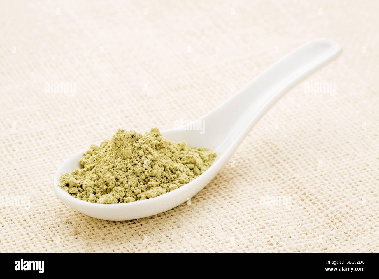 Alghe alghe in polvere su un cucchiaio cinese bianco contro tela di burlap Foto Stock
