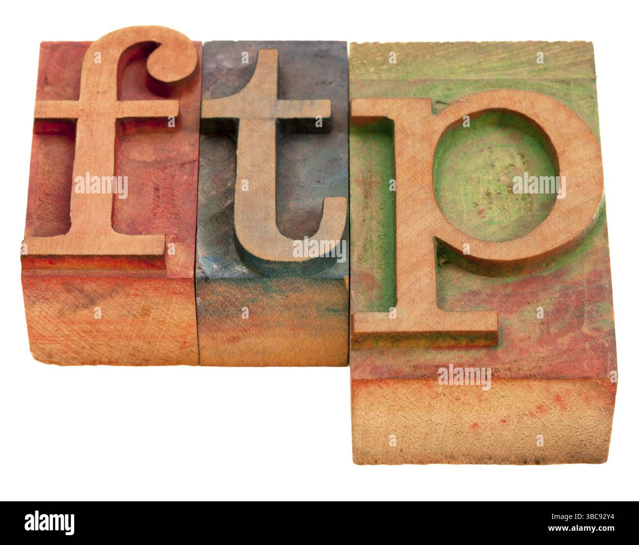 FTP (file Transfer Protocol): Blocchi di stampa letterpress in legno vintage isolati su bianco Foto Stock