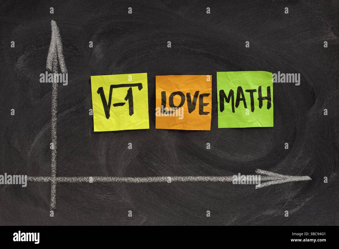 Radice quadrata del numero negativo - adoro il concetto di matematica, note adesive colorate, scrittura a mano, disegno in gesso bianco sulla lavagna Foto Stock