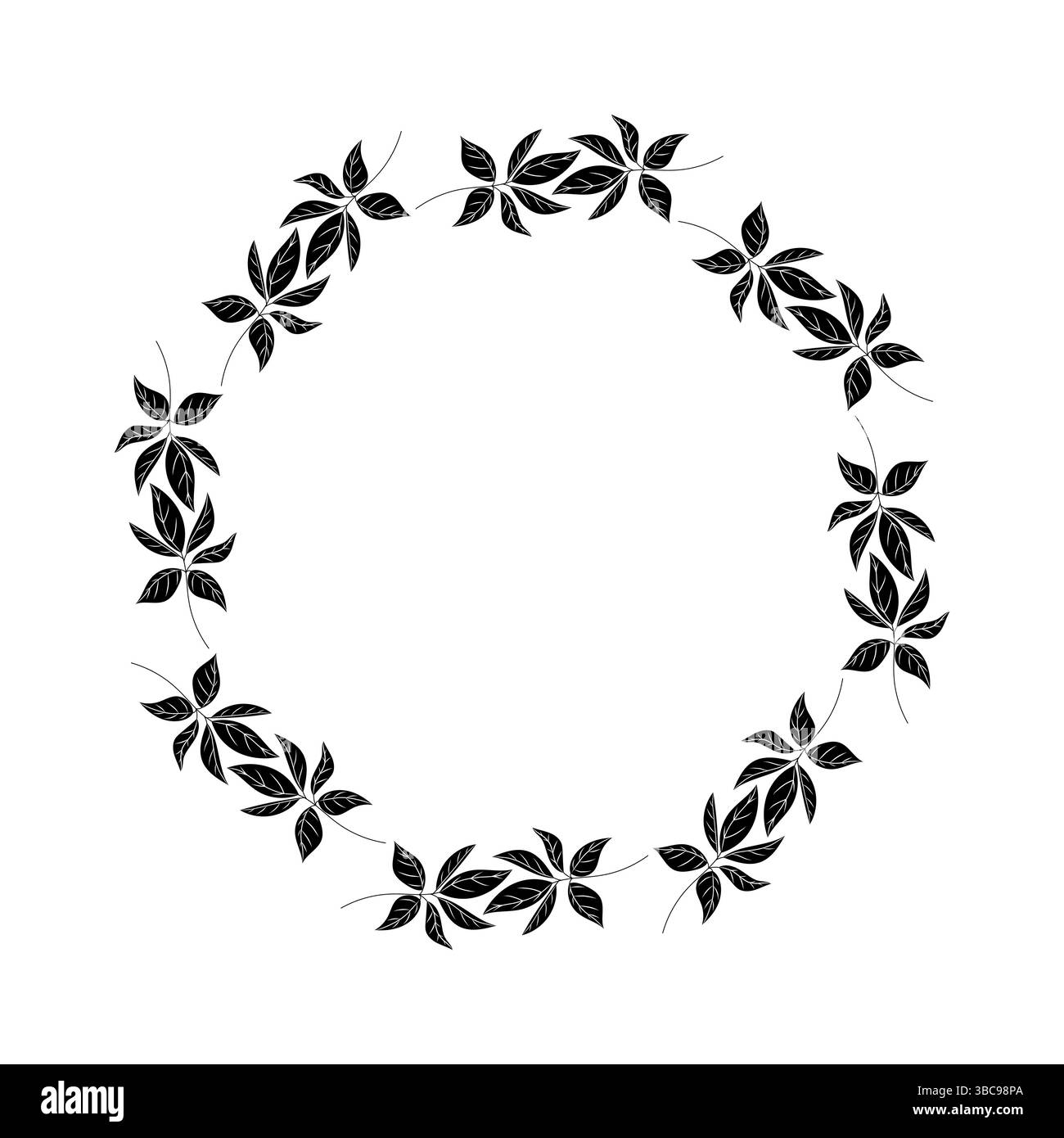 Ghirlanda vettoriale circolare composta da foglie astratte nere con venature bianche, progettata in uno stile moderno e piatto isolato su sfondo bianco. Illustrazione Vettoriale