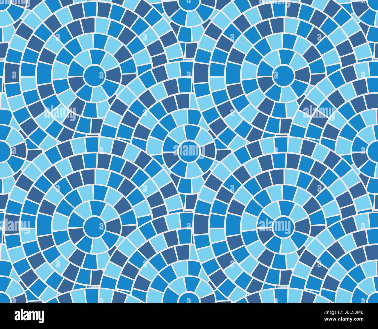 Modello mosaico greco. Sfondo mattonelle blu mare. Roma motivo circolare ornamento oceano. Pavimento in marmo in ceramica astratto. Illustrazione dello schema radiale dell'onda. Illustrazione Vettoriale