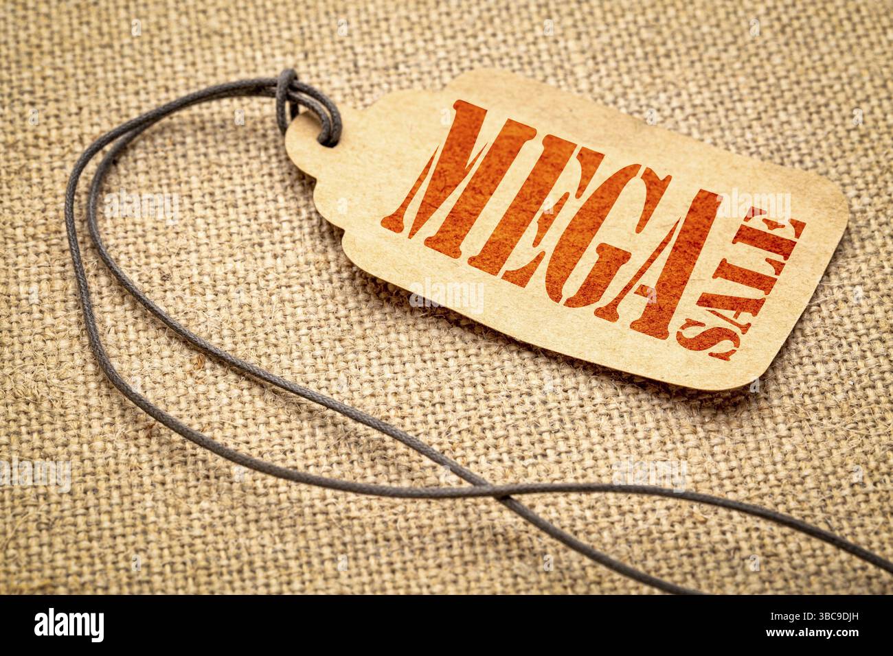 Insegna Mega sale - un cartellino del prezzo della carta con spago contro tela stravagante Foto Stock