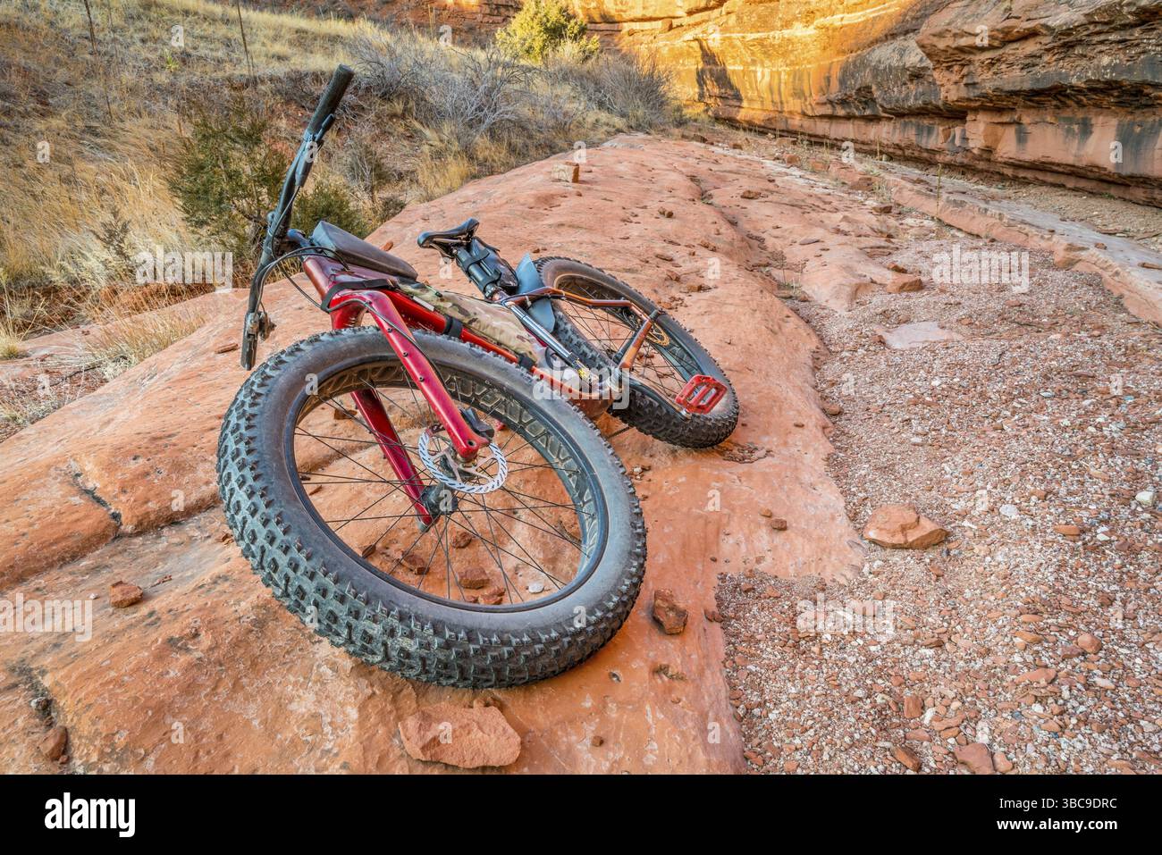 FAT bike su una roccia rocciosa sul fondo del canyon di arenaria - Ruby Wash nel Red Mountain Open Space a nord di Fort Collins, Colorado Foto Stock
