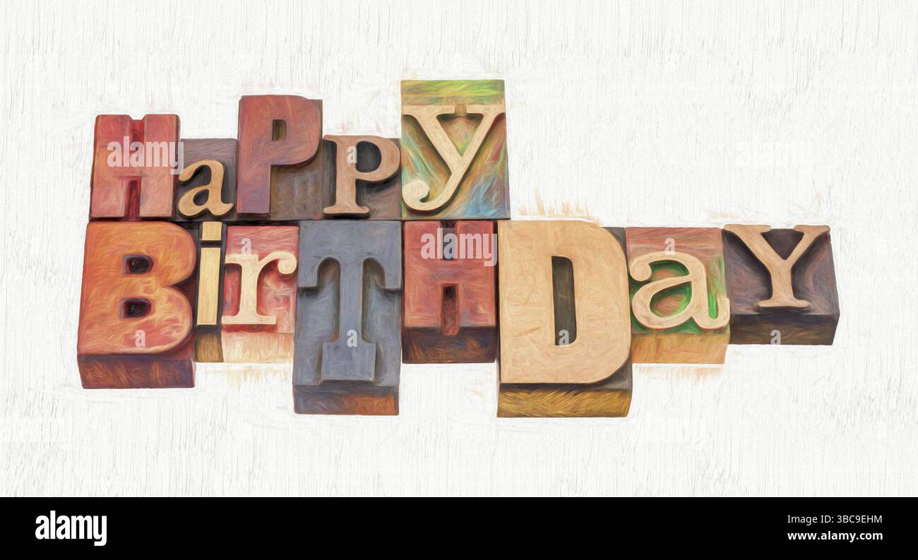 Biglietto di auguri di buon compleanno - parola astratta in legno misto vintage con effetto pittura digitale applicato Foto Stock