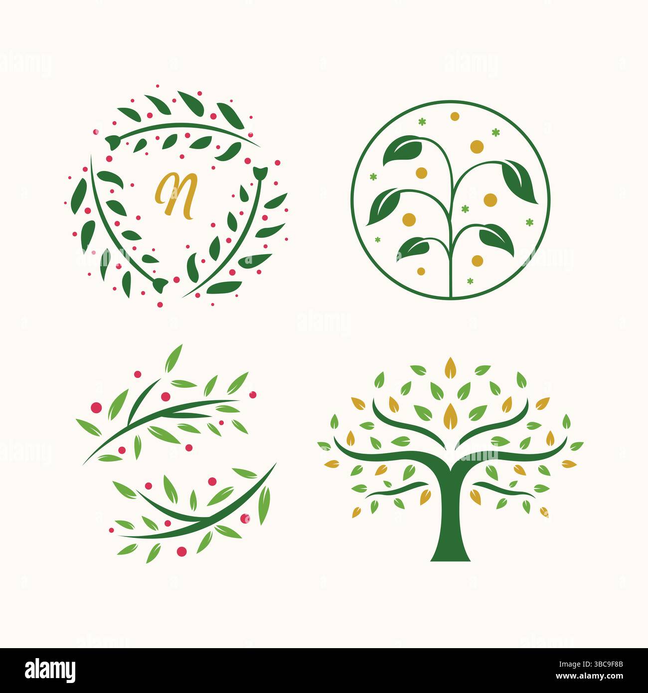 Concetto di logo abstract Nature Leaf, Branch and Tree Decorative per le aziende. Illustrazione Vettoriale