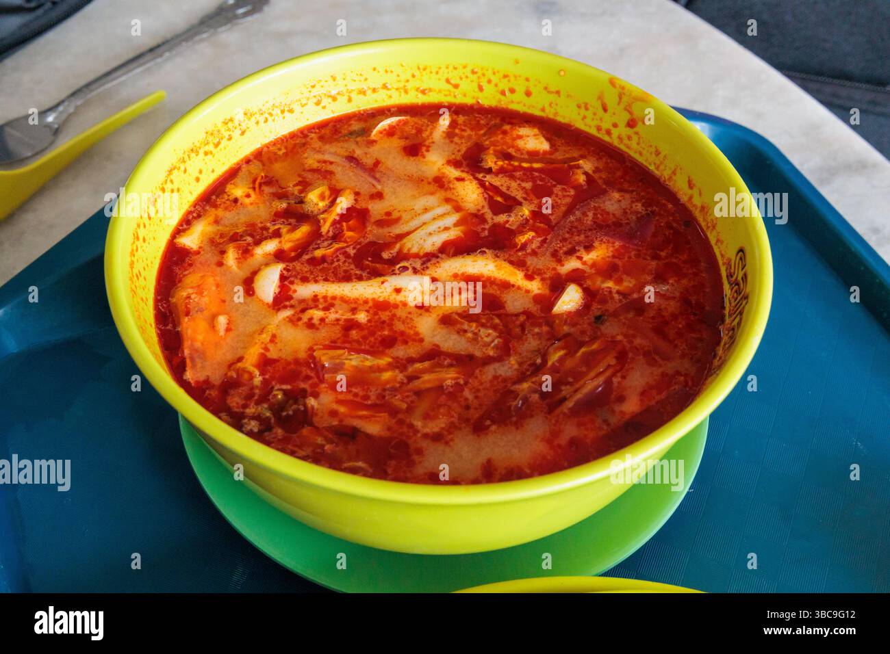 Ciotola di zuppa tom yum, un popolare piatto tailandese, acquistato da un centro di falchi di Singapore Foto Stock
