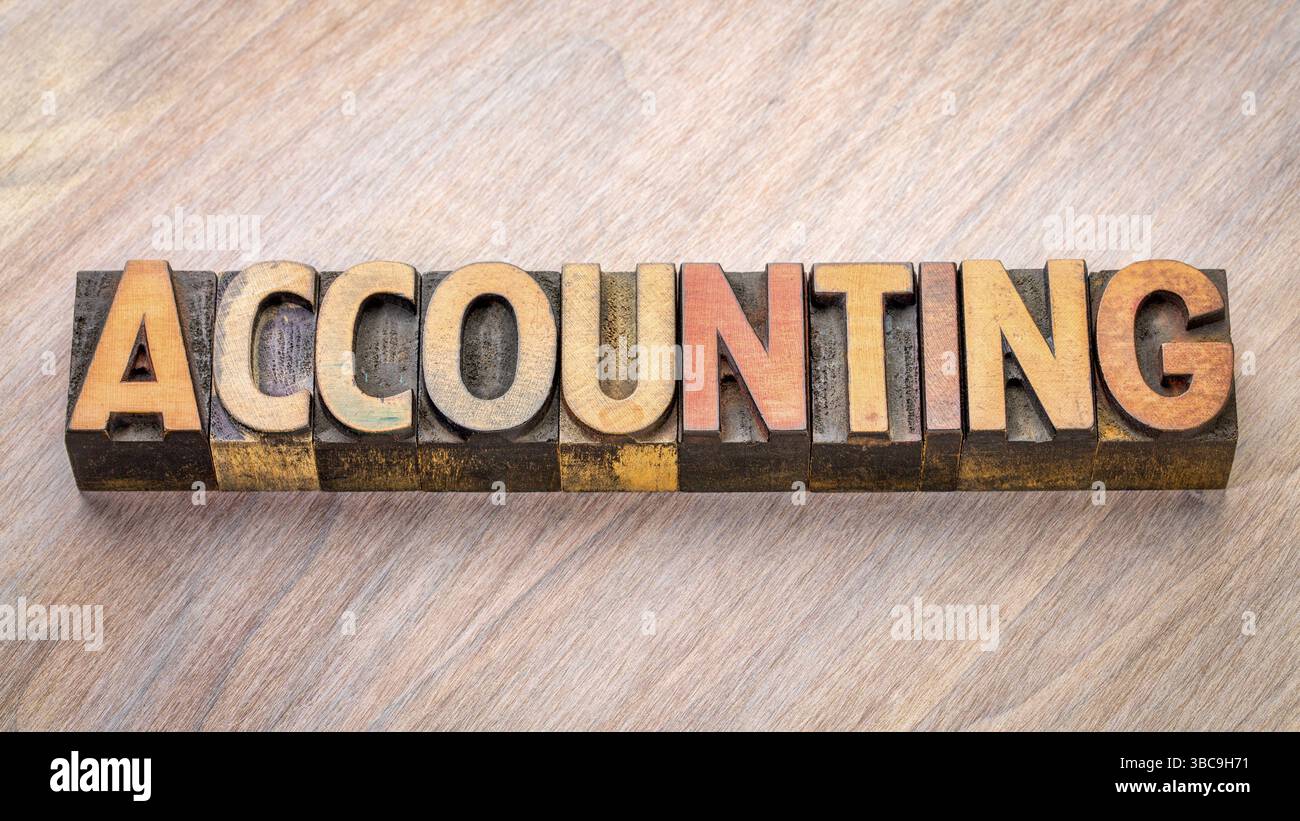 Parola contabile astratta in legno a stampa letteraria vintage Foto Stock