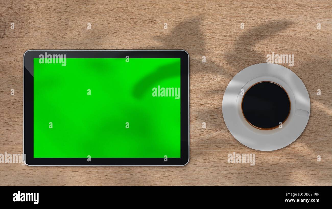 Tablet con schermo verde all'aperto, alberi che oscillano sullo sfondo. Foto Stock