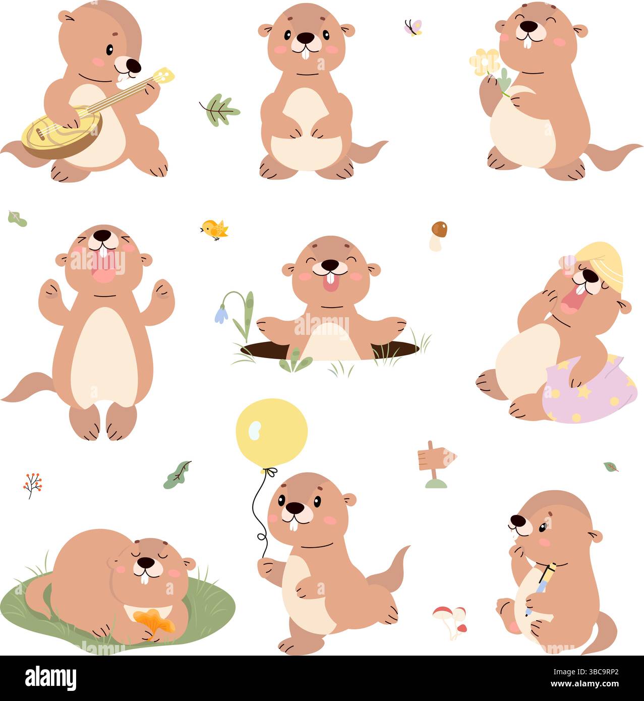 Maiali di cartoni animati. Marmotte varie pose, simpatico sonno di arcobaleno, saluto primavera, suonare musica. Divertenti animali selvatici bambini mascont nowaday vettoriale set Illustrazione Vettoriale