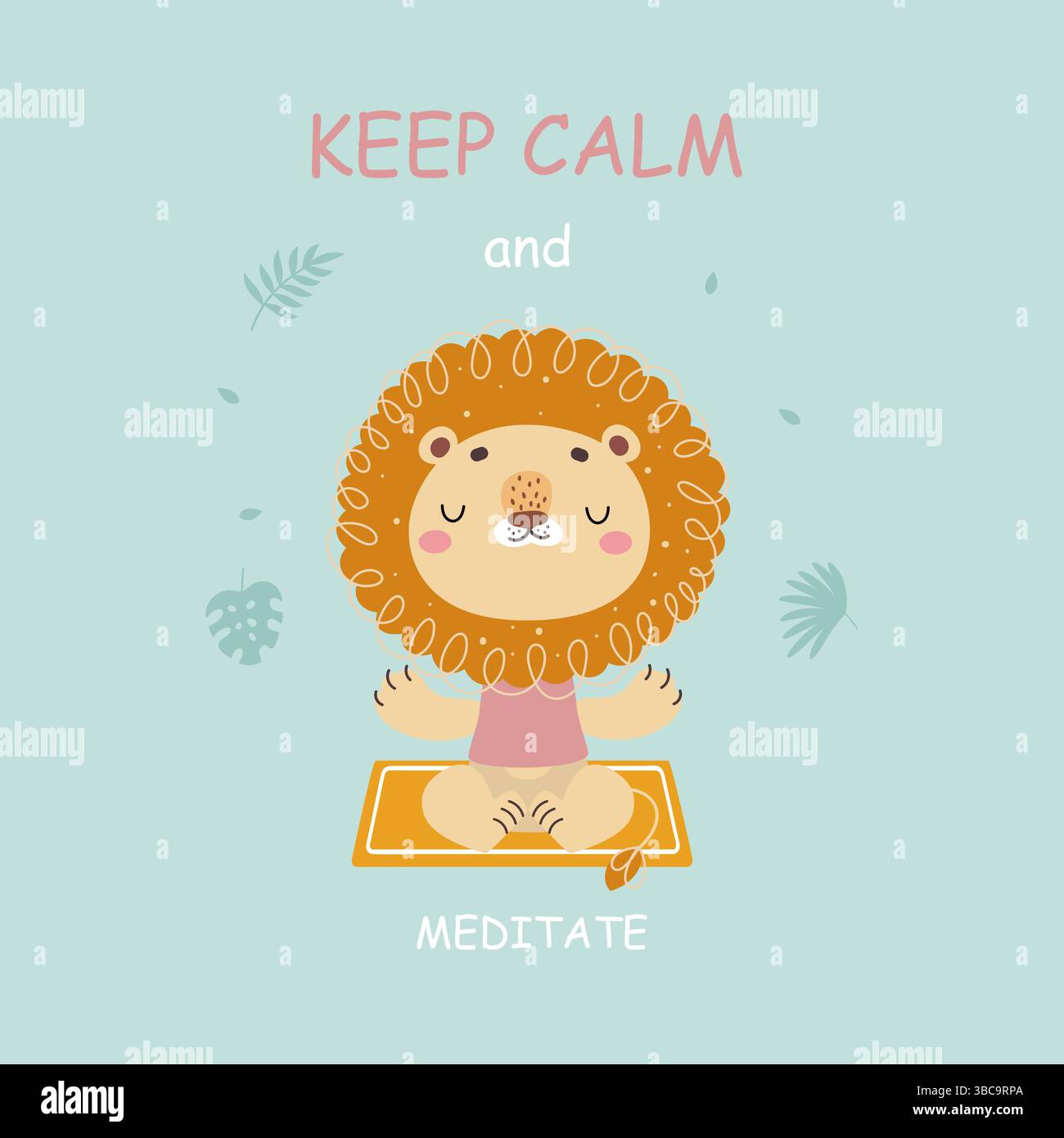 Mantenere calmo il poster degli animali. Leone meditato sul tappetino da yoga. Concetto di mente silenziosa, relax e svago. Divertente allenamento con personaggi selvaggi, stampa vettoriale ormai fuori moda Illustrazione Vettoriale