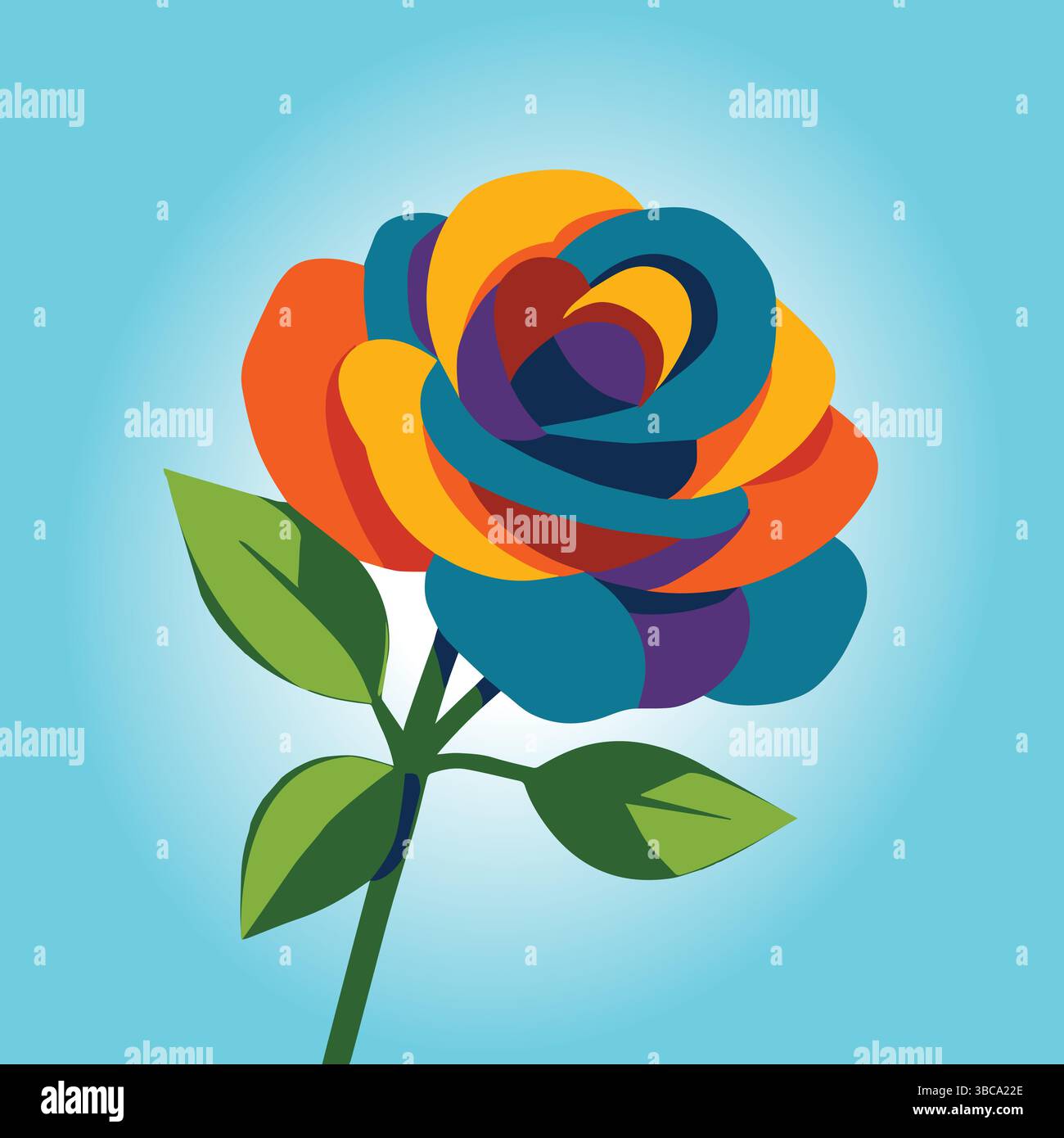 Una vibrante illustrazione astratta di una rosa con petali multicolore in tonalità di blu, rosso, arancione, giallo e viola. Appoggiato su un dorso blu brillante Illustrazione Vettoriale