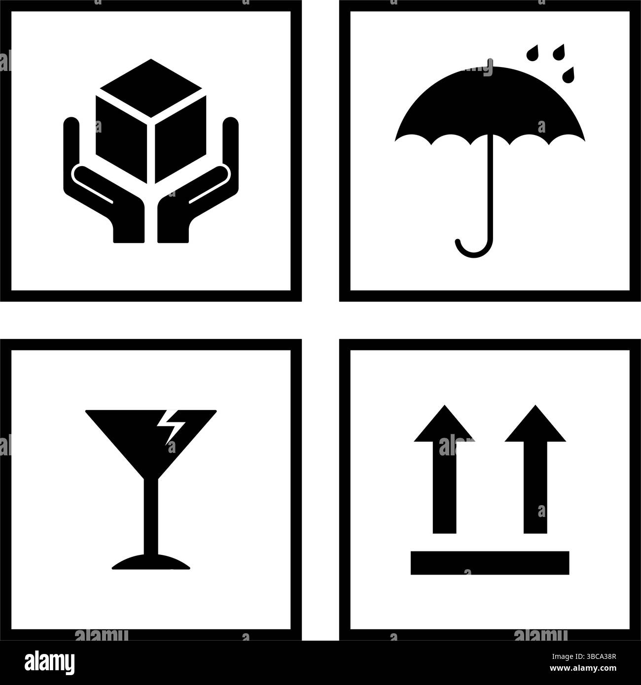 Set minimalista di simboli fragili o set di icone di imballaggio concetto di "mantenere asciutto, fragile", maneggiare con cura, verso l'alto Illustrazione Vettoriale