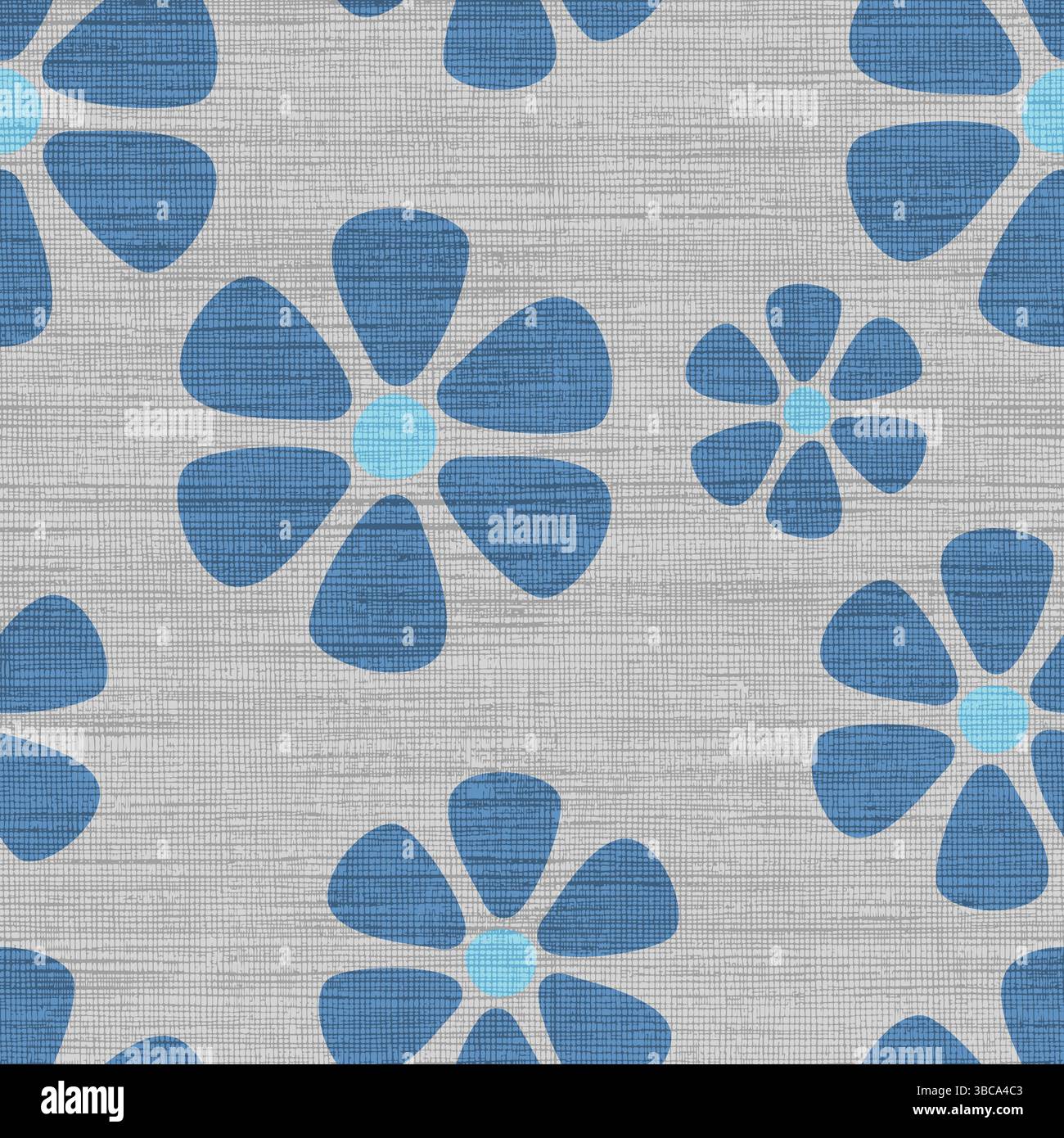 Un motivo floreale senza cuciture d'ispirazione retrò caratterizzato da audaci fiori a margherita color prugna con centri crema su uno sfondo di lino testurizzato. Illustrazione Vettoriale