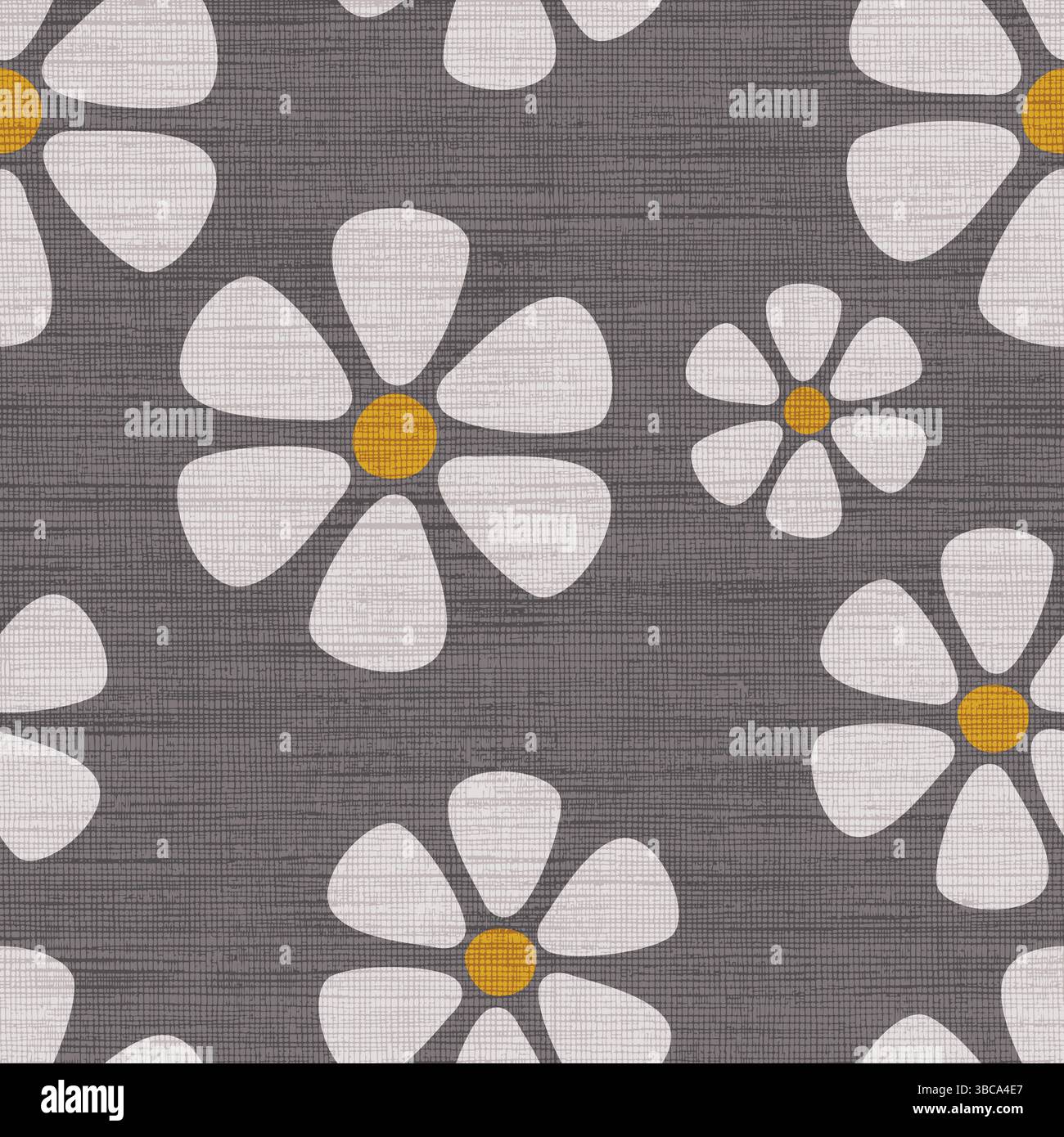 Un motivo floreale senza cuciture d'ispirazione retrò caratterizzato da audaci fiori a margherita color prugna con centri crema su uno sfondo di lino testurizzato. Illustrazione Vettoriale