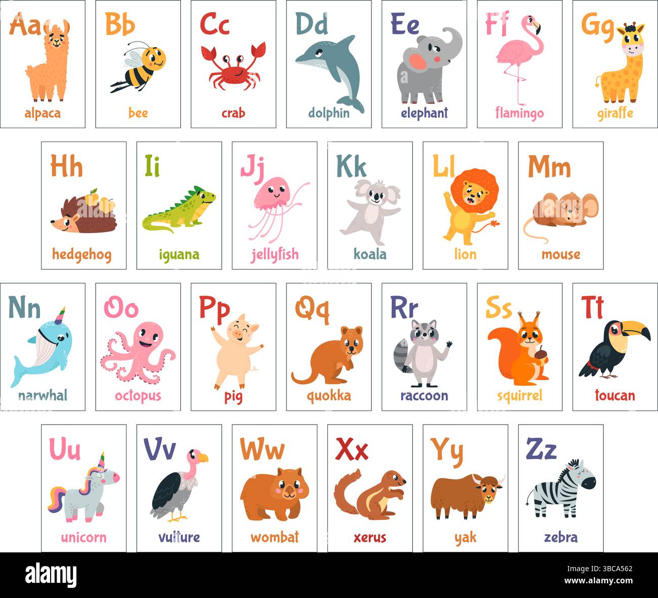 Carte alfabetiche per bambini con animali. Elementi educativi dell'asilo o dell'asilo per la lettura degli insegnamenti. Carino animato, elegante set vettoriale Illustrazione Vettoriale