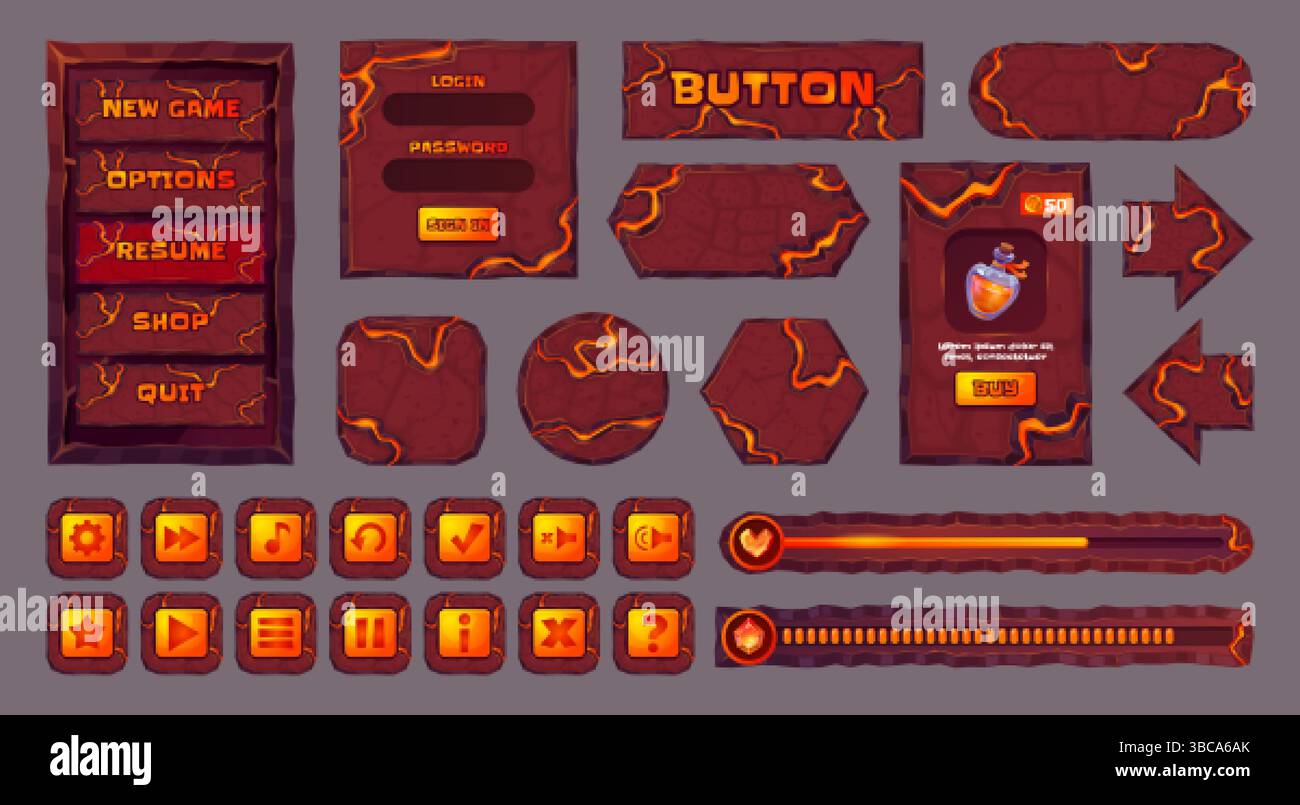 Pietra lavica ui. Interfaccia del menu di gioco dell'eruzione vulcanica, fuoco di roccia vulcanica pietre laviche pulsante freccia caricamento barra di avanzamento app di gioco mobile, risorsa cartoni animati illustrazione vettoriale originale Illustrazione Vettoriale