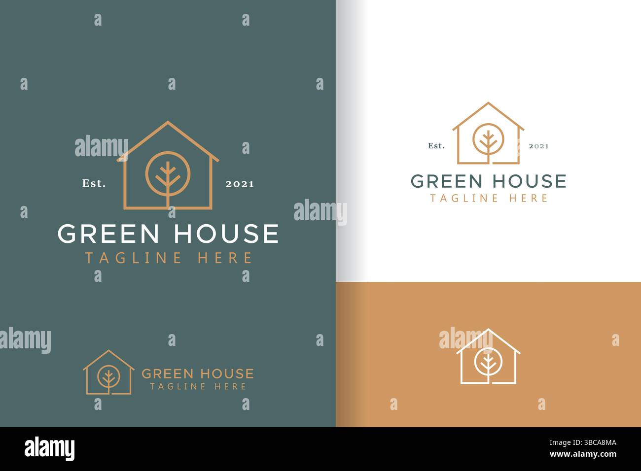 Minimalista Green House Logo Business ipoteca, residenziale e proprietà. Illustrazione Vettoriale