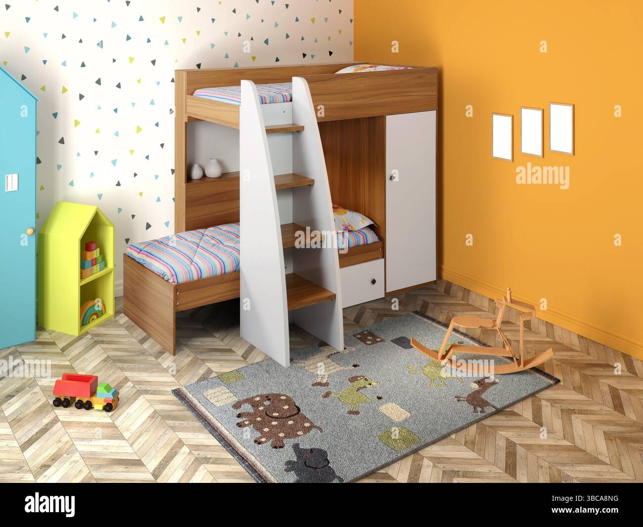 Rendering 3D . Interno della camera per bambini con letto a castello Foto Stock Rendering 3D . Interno della camera per bambini con letto a castello Foto Stock