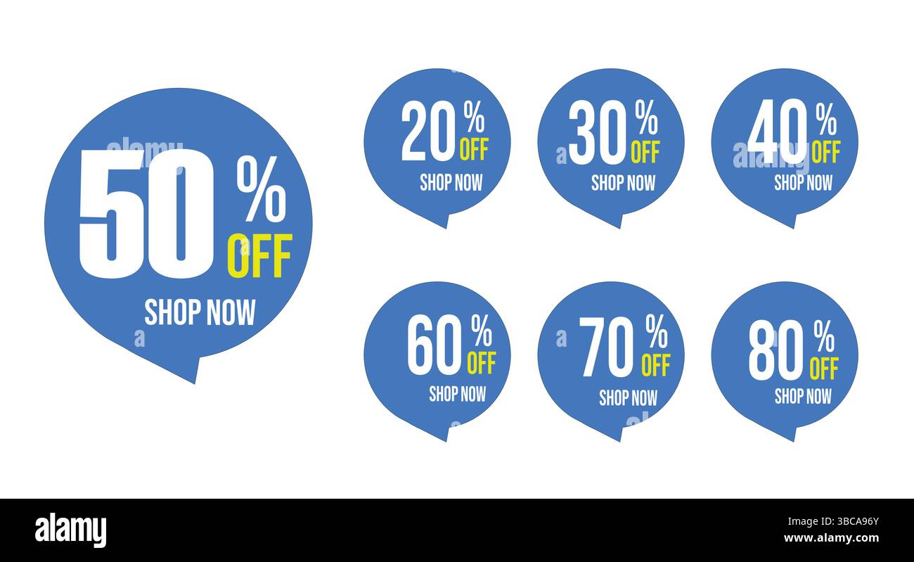 Etichette promozionali a bolle blu per etichette sconto vendite online e al dettaglio 20% 30% 40% 50% 60% 70% 80% sconto etichette di vendita per il mercato delle promozioni Illustrazione Vettoriale