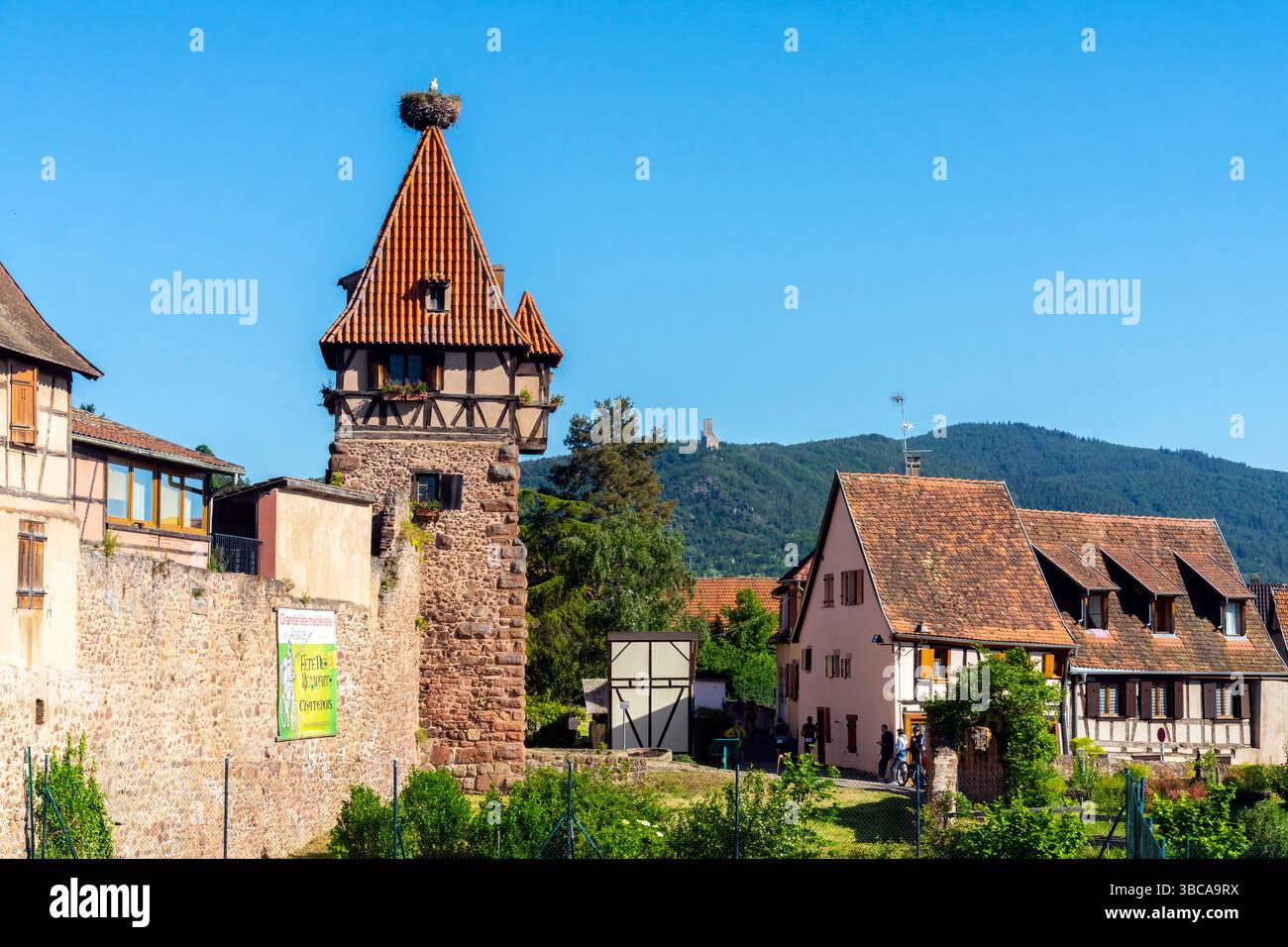 Vista della città vecchia di Châtenois con la famosa "torre delle streghe" medievale incorniciata in legno. Châtenois è un comune del dipartimento di Bas-Rhin, in Alsazia, nel nord Foto Stock