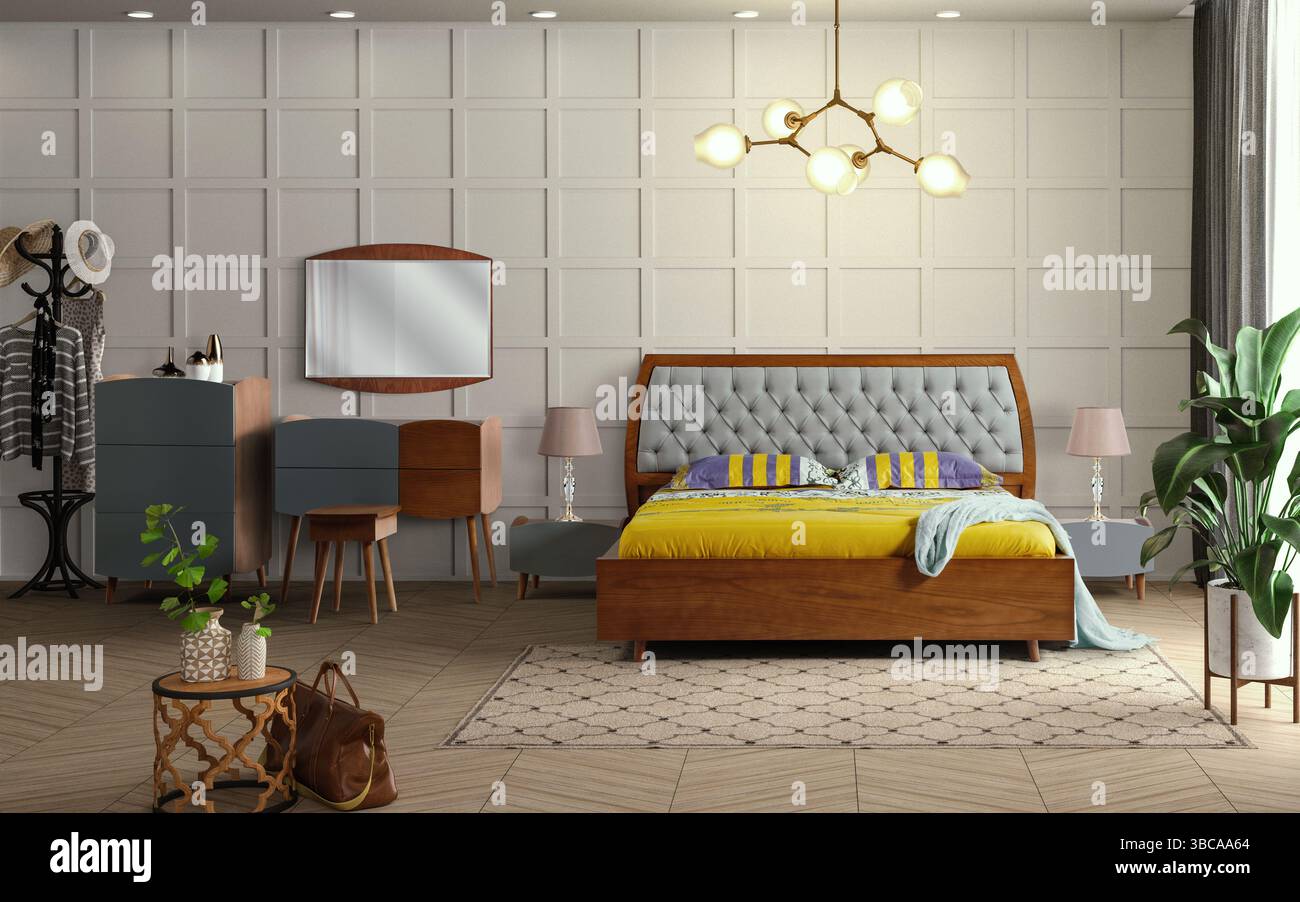 rendering 3d degli interni e delle decorazioni moderni della camera da letto Foto Stock rendering 3d degli interni e delle decorazioni moderni della camera da letto Foto Stock