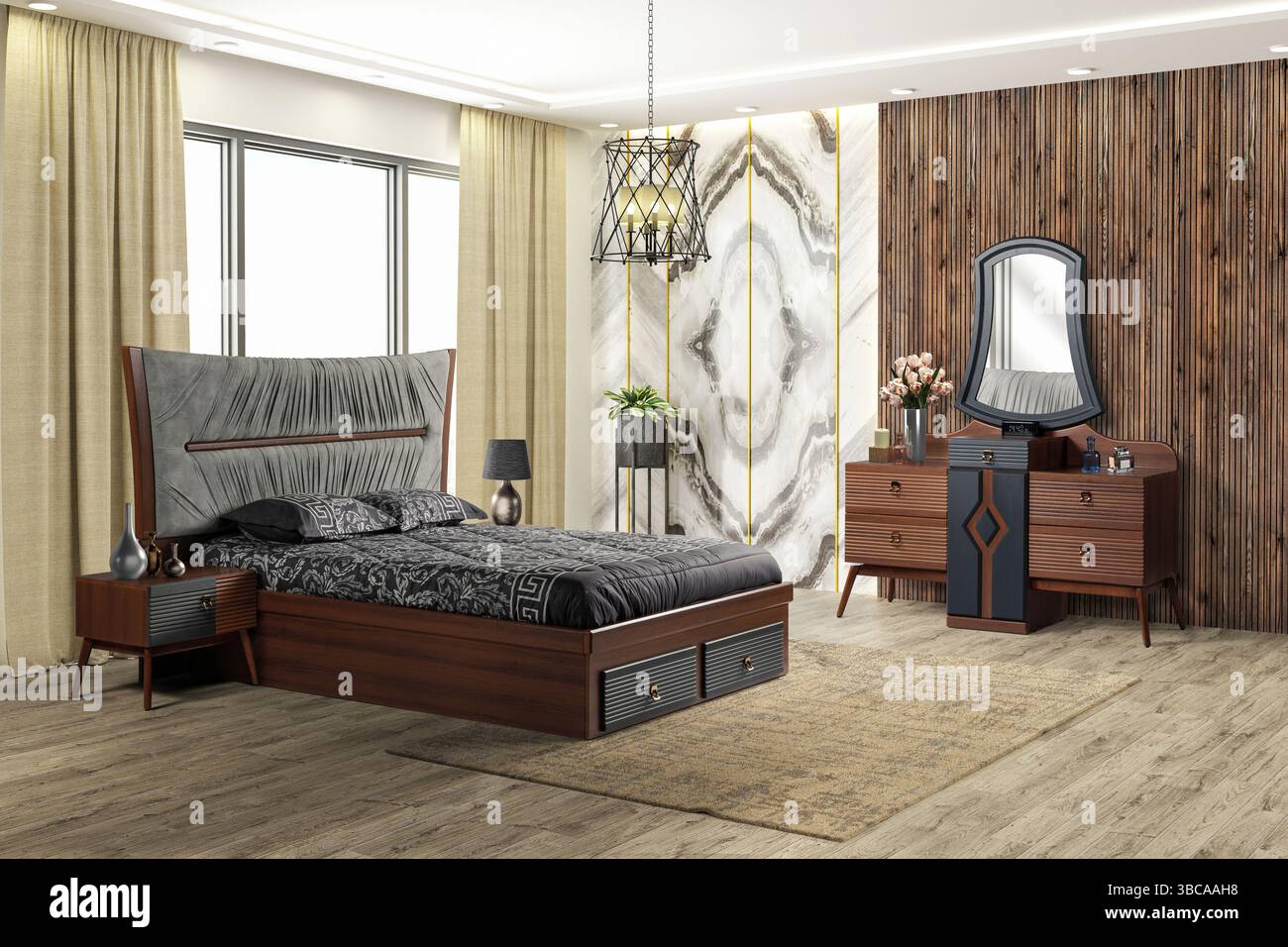 rendering 3d degli interni e delle decorazioni moderni della camera da letto Foto Stock rendering 3d degli interni e delle decorazioni moderni della camera da letto Foto Stock