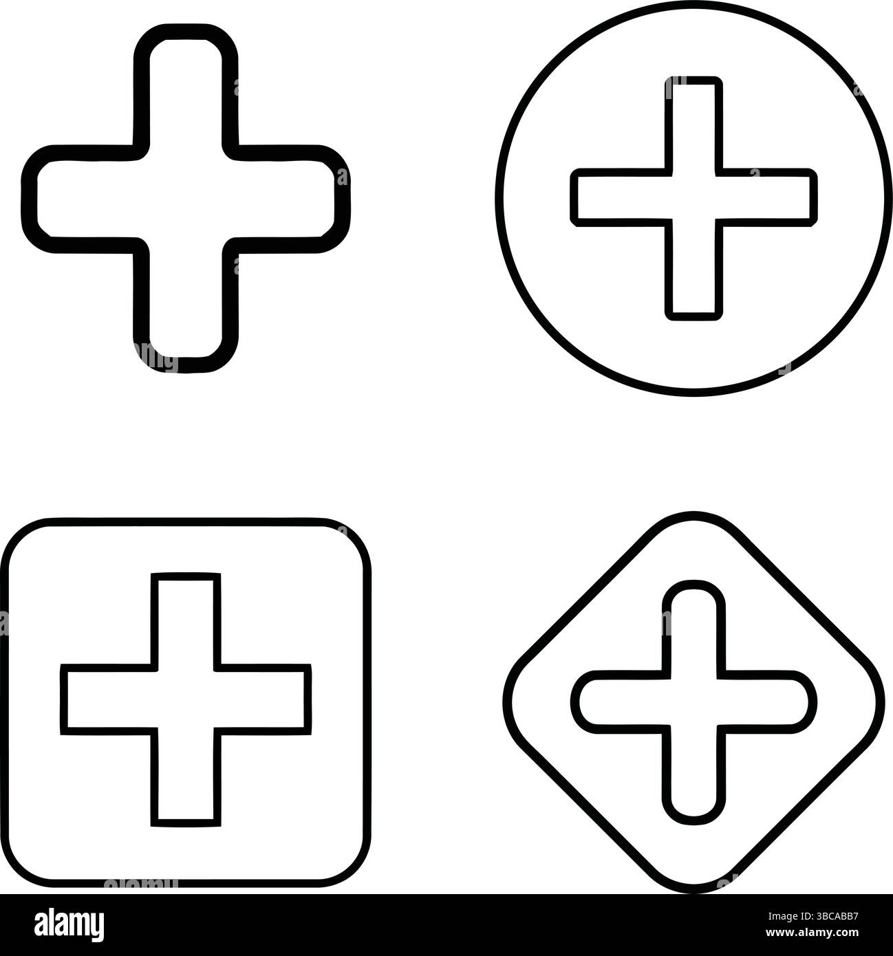Set di 4 icone più/Aggiungi - simboli croce, cerchio, quadrato, diamante Plus Illustrazione Vettoriale