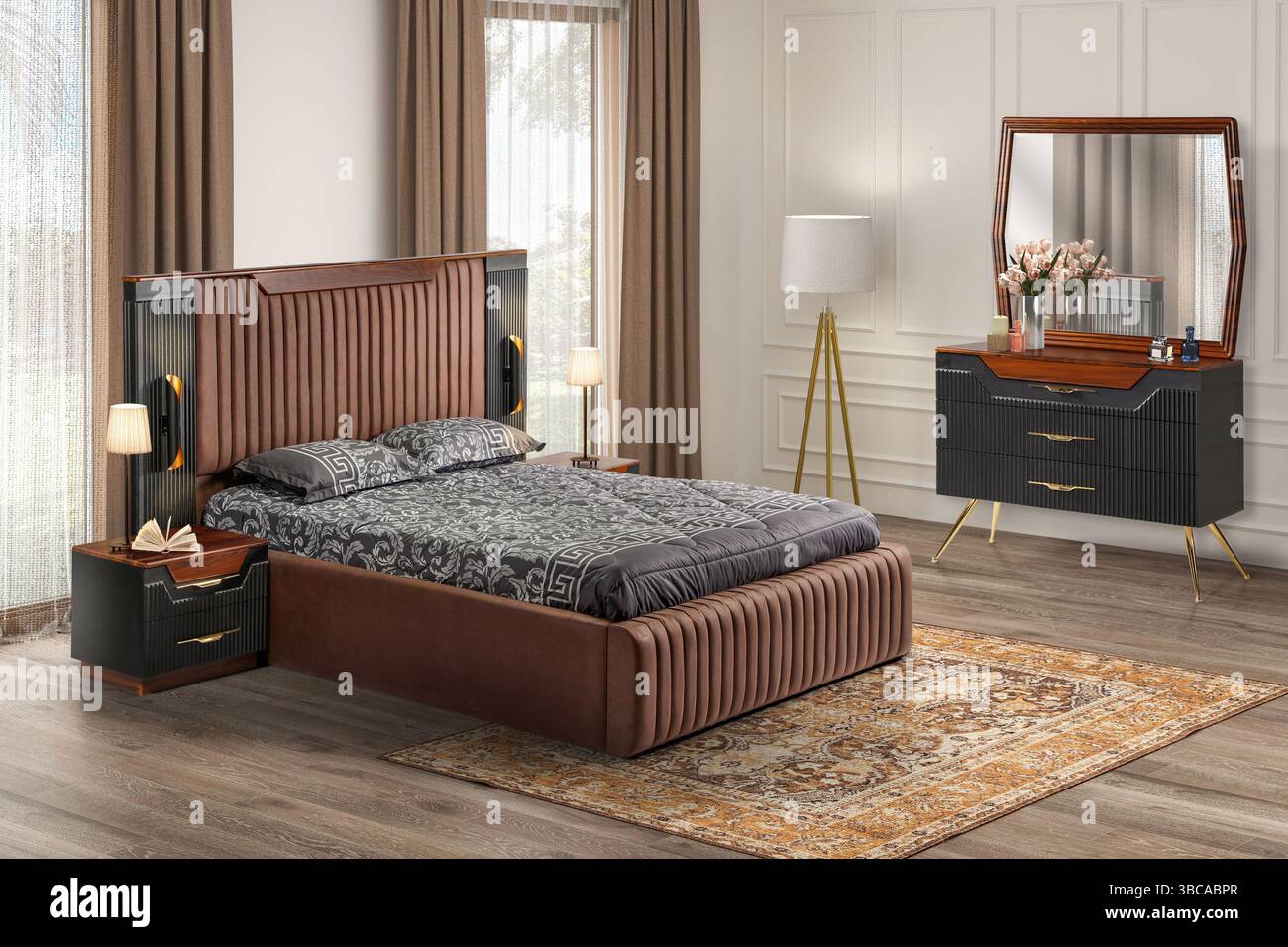 rendering 3d degli interni e delle decorazioni moderni della camera da letto Foto Stock rendering 3d degli interni e delle decorazioni moderni della camera da letto Foto Stock