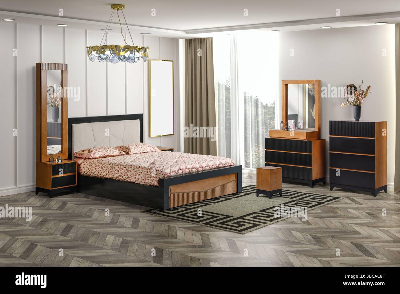 rendering 3d degli interni e delle decorazioni moderni della camera da letto Foto Stock rendering 3d degli interni e delle decorazioni moderni della camera da letto Foto Stock