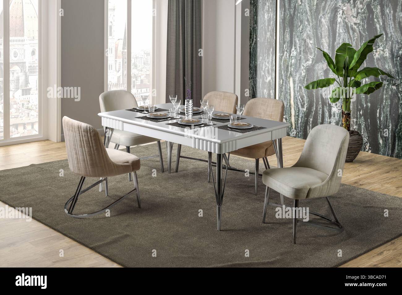 Rendering 3D degli interni moderni della sala da pranzo. design degli interni. tavolo da pranzo Foto Stock Rendering 3D degli interni moderni della sala da pranzo. design degli interni. tavolo da pranzo Foto Stock