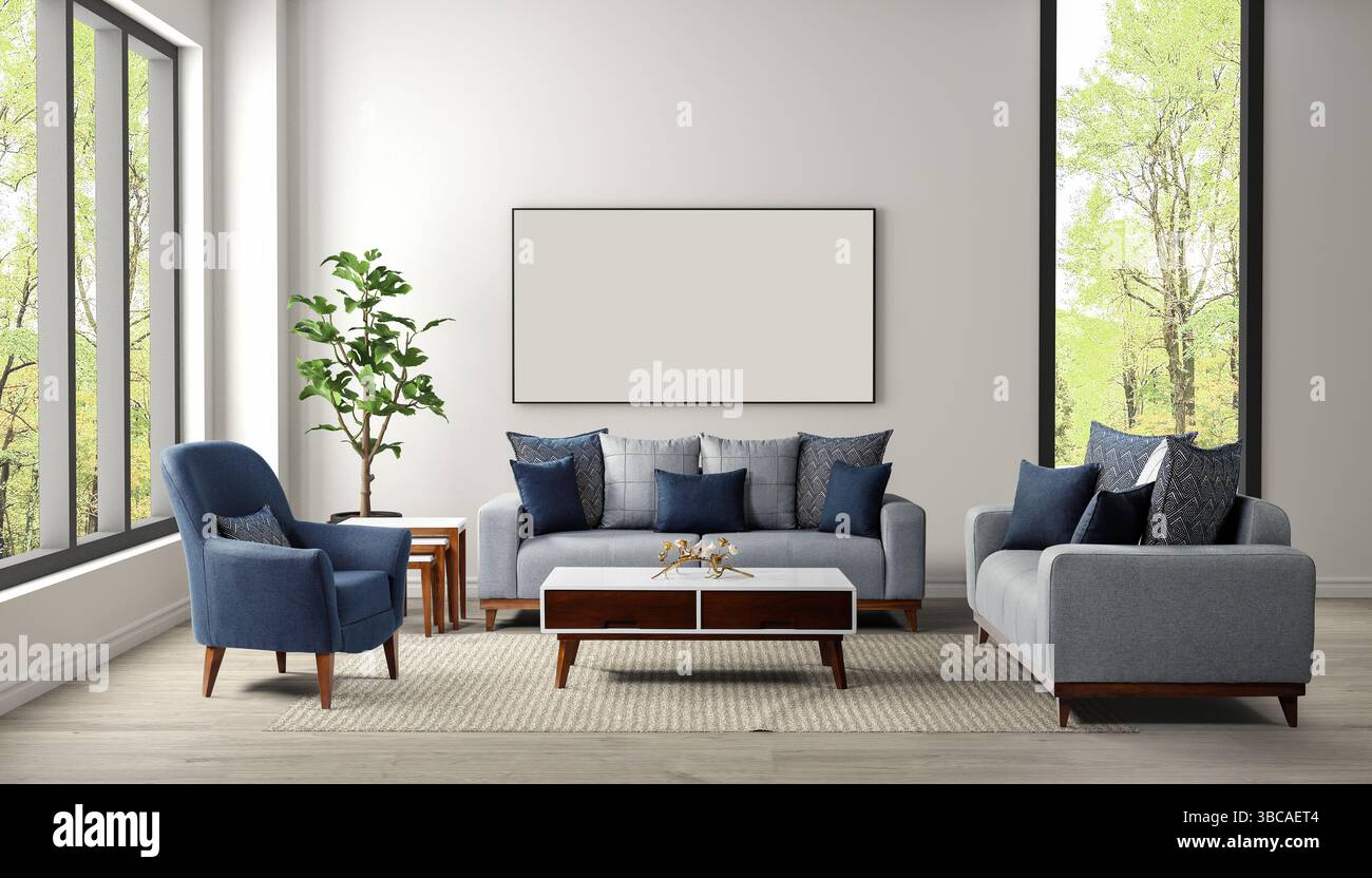 Salotto moderno con rendering 3D. Set di mobili moderni. Foto Stock Salotto moderno con rendering 3D. Set di mobili moderni. Foto Stock