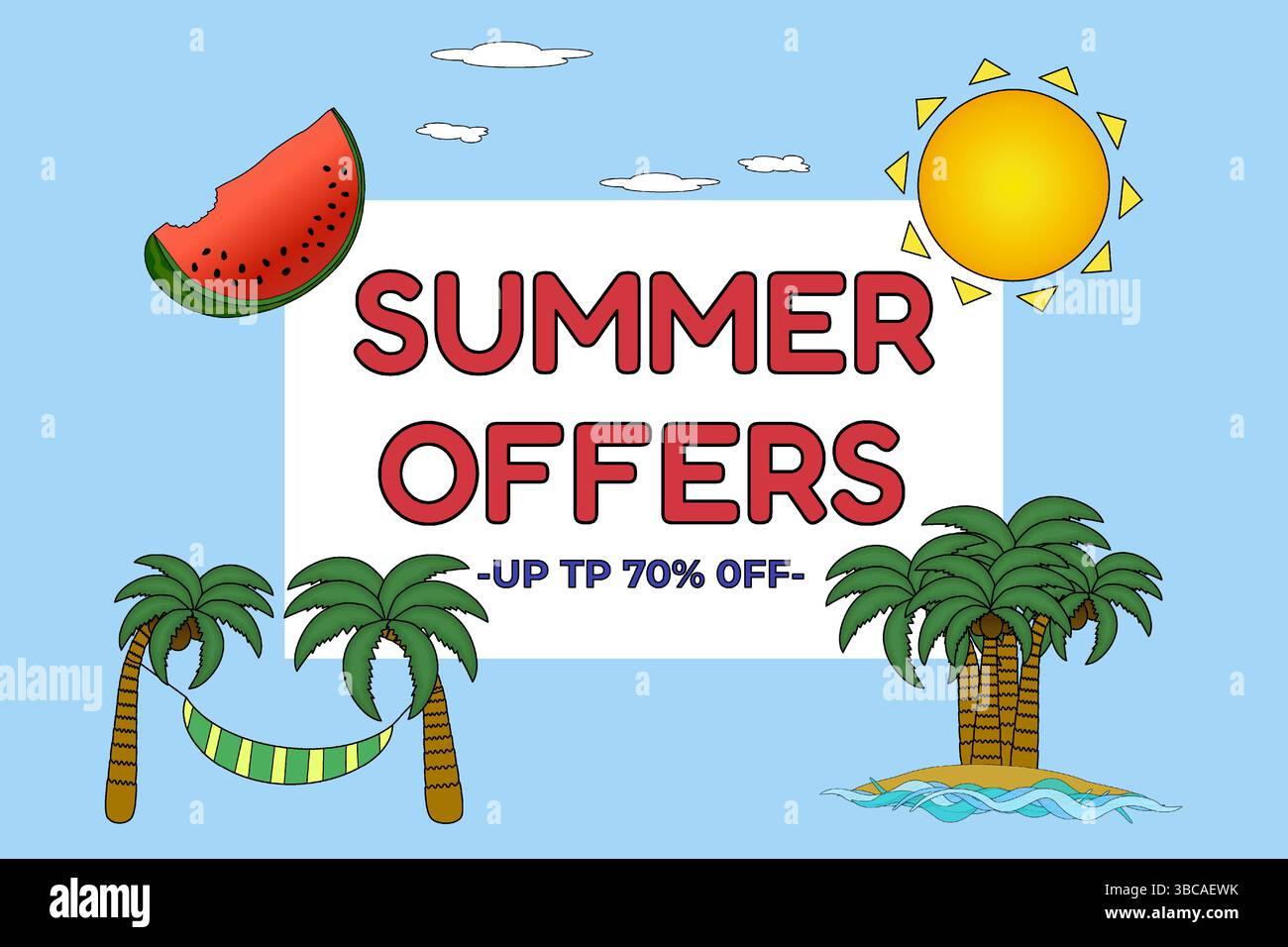 Striscione promozionale con palme, sole, anguria e testo sconto su sfondo blu. Per la promozione stagionale estiva, social media Illustrazione Vettoriale