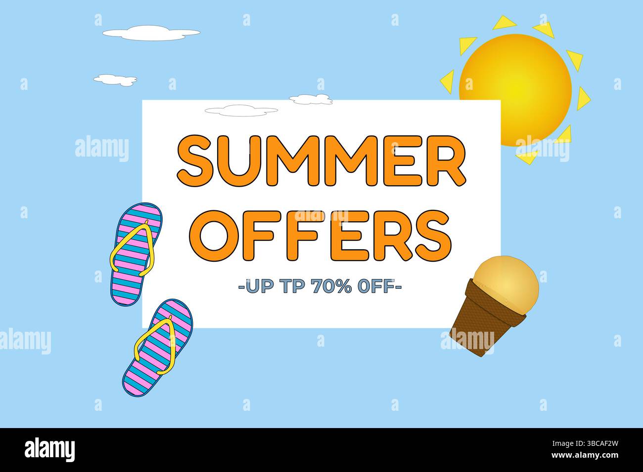 Banner estivo con infradito, gelato, sole e testo in grassetto sullo sfondo blu. Per la promozione stagionale estiva, social media, online Illustrazione Vettoriale