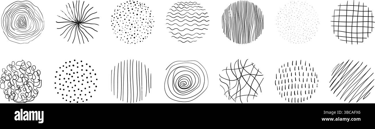 Set di trame circolari disegnate a mano. Elementi di progettazione organici creativi per schizzi astratti vettoriali Illustrazione Vettoriale
