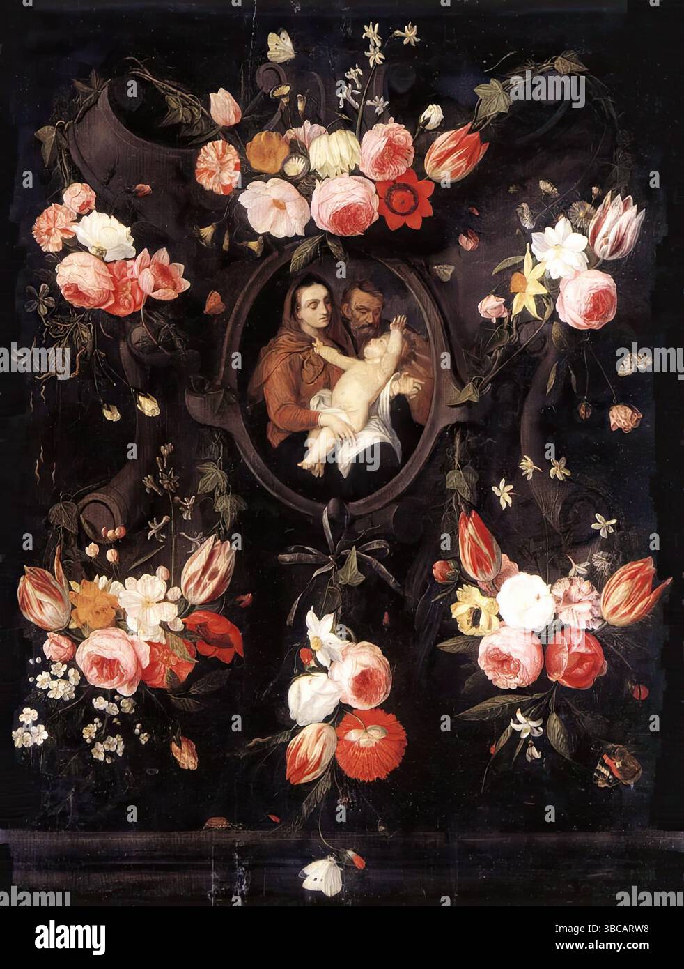 KESSEL, Jan van (B. 1626, Anversa, d. 1679, Anversa) Sacra famiglia 1660s olio su pannello, 64 x 50 cm Amstelkring Museum, Amsterdam Jan van Kessel dipinse la Sacra famiglia in una cornice formata da un cartiglio ovale grigio con ghirlande floreali. Originario di Anversa, Van Kessel si specializzò nella pittura di fiori, insetti e piccoli animali. Qui si nota che Maria, Cristo e Giuseppe sono stati ritratti in modo meno meticoloso dei vari fiori. In effetti, Van Kessel potrebbe aver chiesto a un altro artista di dipingere le figure. --- parole chiave: --------------- Autore: KESSEL, Foto Stock