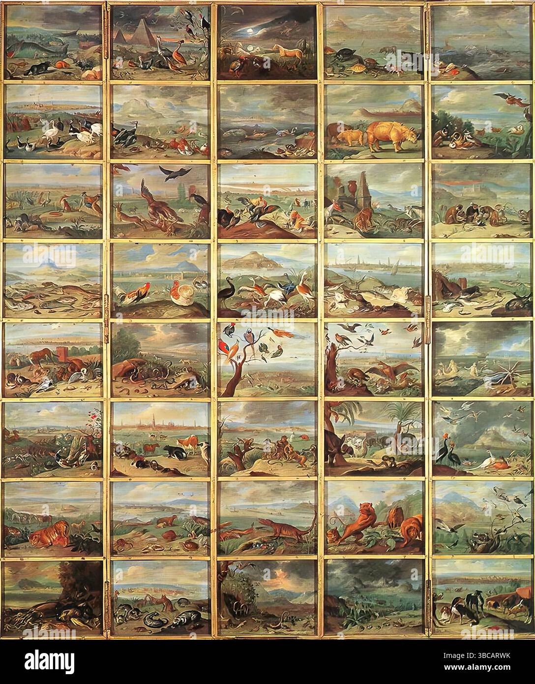 KESSEL, Jan van (B. 1626, Anversa, d. 1679, Anversa) The Animals 1660 olio su piatto di rame, 175 x 123 cm Museo del Prado, Madrid questo trittico contiene 40 sezioni (17 x 23 cm ciascuna). Gli animali sono collocati in un ambiente (fiammingo, montuoso, esotico) corrispondente alla specie. --- parole chiave: --------------- Autore: KESSEL, Jan van titolo: The Animals Time-line: 1651-1700 Scuola: Fiamminga forma: Pittura tipo: Altro Foto Stock