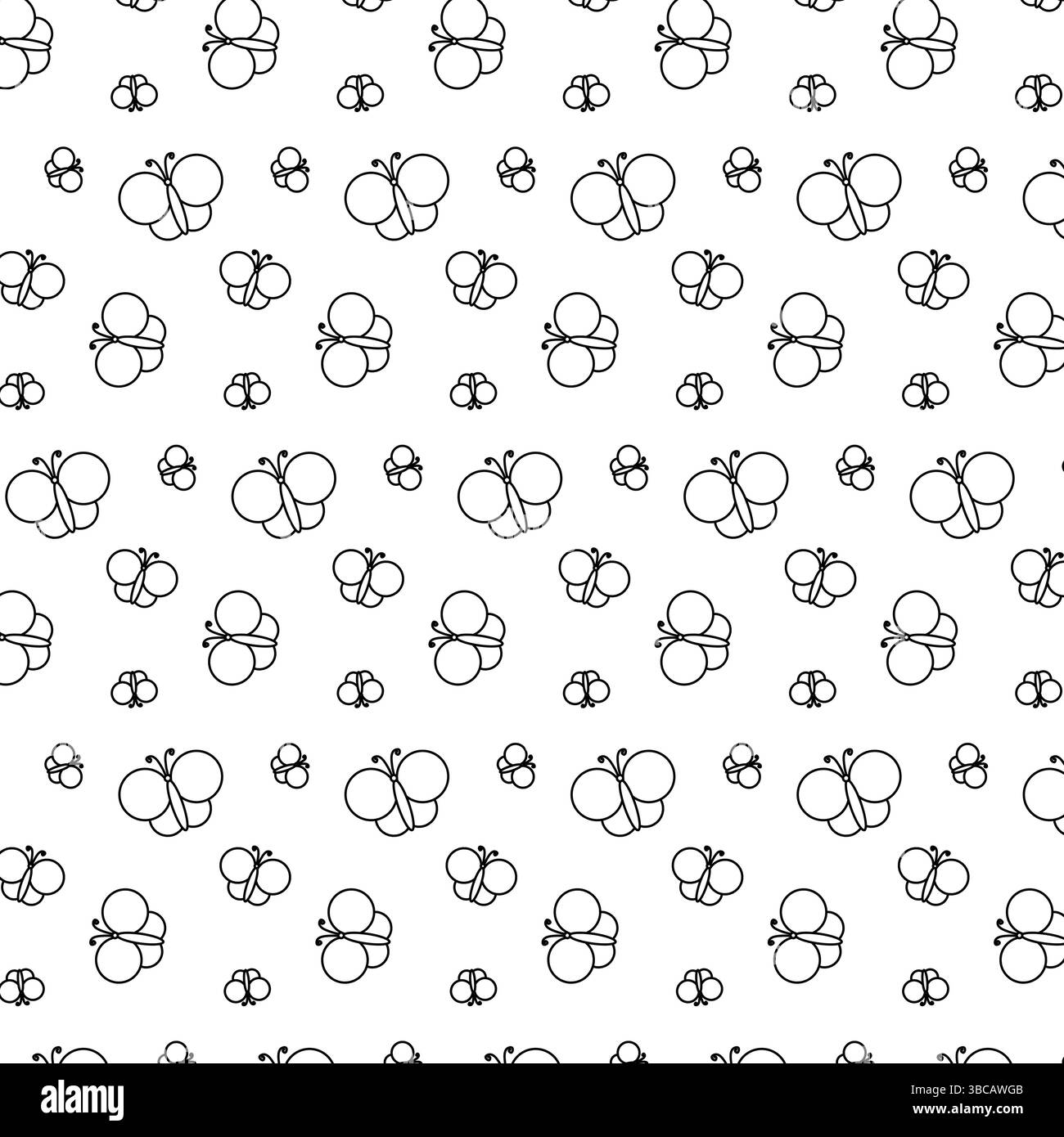 Modello a farfalla senza cuciture. Uno sfondo carino e ripetitivo con farfalle disegnate a mano. Illustrazione della linea grafica vettoriale. Design in bianco e nero per pac Illustrazione Vettoriale