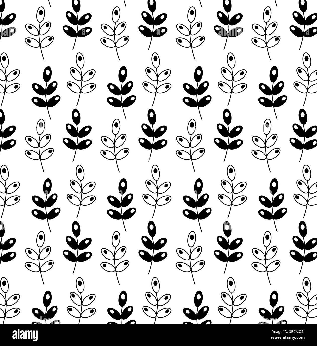 Ornamento rami a foglia senza cuciture. Illustrazione della linea grafica vettoriale. Stampa trendy in bianco e nero su tessuto. Zoccolo di germoglio di piante fresche Illustrazione Vettoriale