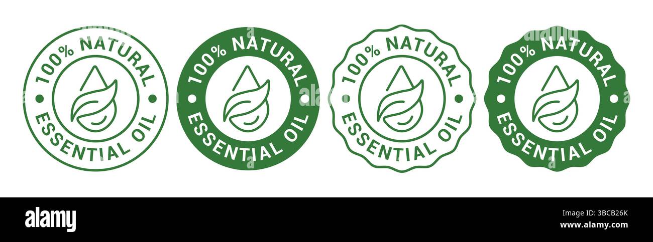 Icona della goccia di olio essenziale per la bellezza e la cura della pelle etichetta del certificato di prodotto naturale. Logo adesivo oli essenziali per lozione corpo, crema e shampoo Illustrazione Vettoriale
