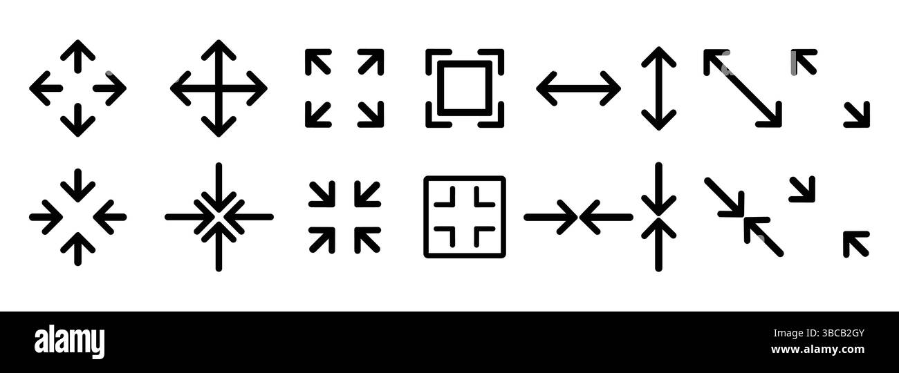 Set di icone di grande schermo. Compatto, scalabile, freccia, schermo intero, dimensioni schermo pollici, riduzione a icona e ingrandimento, Illustrazione Vettoriale