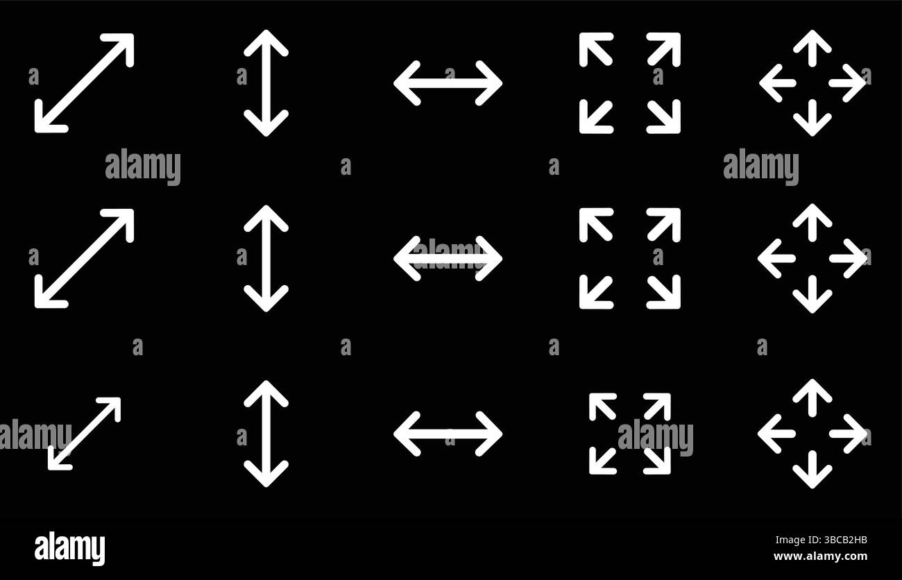 Set di icone di grande schermo. Compatto, scalabile, freccia, schermo intero, dimensioni schermo pollici, riduzione a icona e ingrandimento, Illustrazione Vettoriale