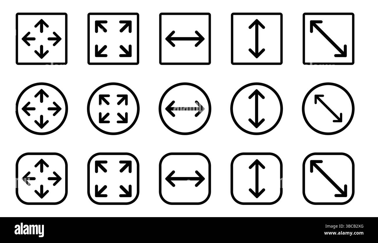 Set di icone di grande schermo. Compatto, scalabile, freccia, schermo intero, dimensioni schermo pollici, riduzione a icona e ingrandimento, Illustrazione Vettoriale