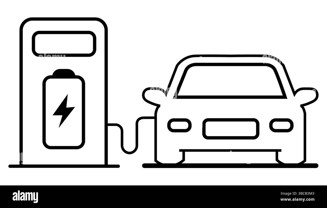 Auto elettrica con simbolo dell'icona della spina, auto EV, logotipo del punto di ricarica dei veicoli ibridi verdi, concetto di veicolo ecologico. Illustrazione vettoriale Illustrazione Vettoriale